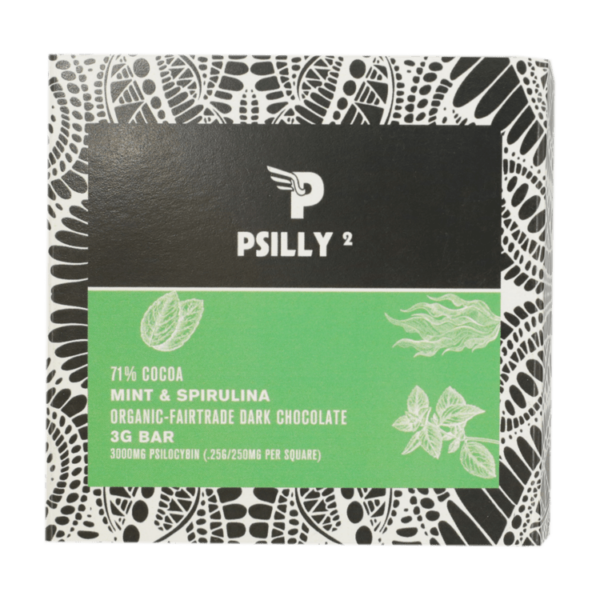 Psilly – Dark Chocolate Bar – Mint & Spirulina | BC Weed Edible Canada Psilly – Dark Chocolate Bar – Mint & Spirulina | BC Weed Edible Canada